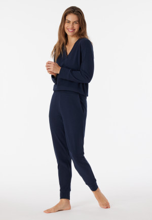 Broek lang dubbelrib geborsteld nachtblauw - Mix+Relax