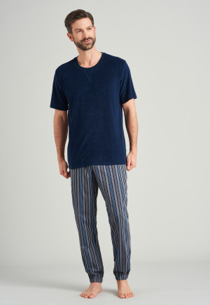 Pantalon long tissé poignets rayures bleu nuit - Mix + Relax