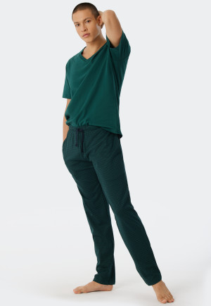 Pantaloni lounge lunghi in Interlock di cotone biologico finemente lavorato con fantasia, verde scuro - Mix+Relax