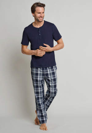 Pantaloni lunghi in stile lounge in tessuto, con motivo decorativo, di colore blu scuro - Mix + Relax