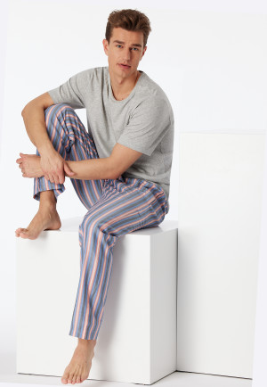 Lounge pants long woven organic cotton stripes grapefruit - Mix+Relax