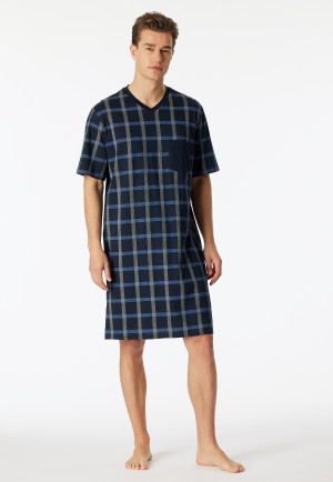 Sleep shirt short sleeve Organic Cotton V-neck chest pocket midnight blue plaid - Comfort Nightwear