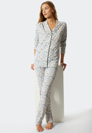Pajamas long interlock button placket floral print light blue - Feminine Floral Comfort Fit