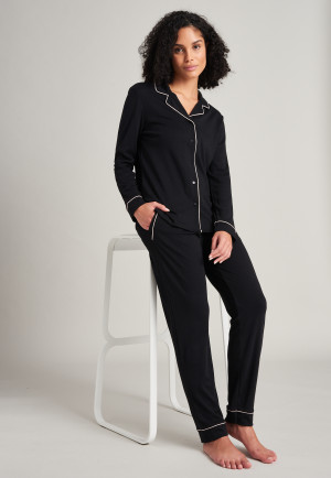 Pyjama long passepoil interlock col chemise noir - Simplicity