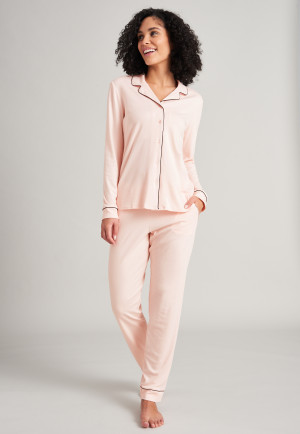Pyjama long passepoil interlock col chemise rose clair - Simplicity