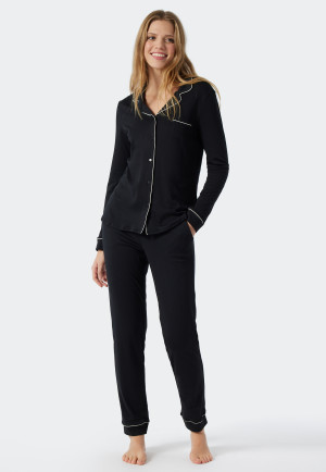 Pyjama lange interlock reverskraag bies zwart - Contemporary Nightwear