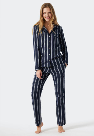 Pyjama long satin tissé col revers rayures bleu - selected! premium inspiration