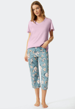 Pyjama 3/4 en modal à col V bleu-gris - Modern Floral