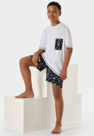 Pigiama corto in cotone biologico con taschino e stampa surfisti, colore bianco - Ocean Flow