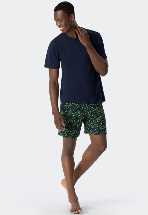 Schlafanzug kurz Organic Cotton Knopfleiste Blätter dunkelblau - Fashion Nightwear