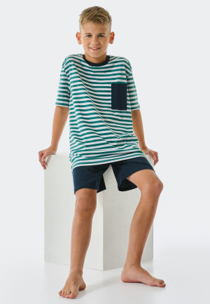 Pigiama corto in cotone biologico a righe, verde scuro  Ocean Flow