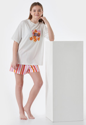 Pyjama court en coton biologique rayures fleurs blanc cassé - Nightwear