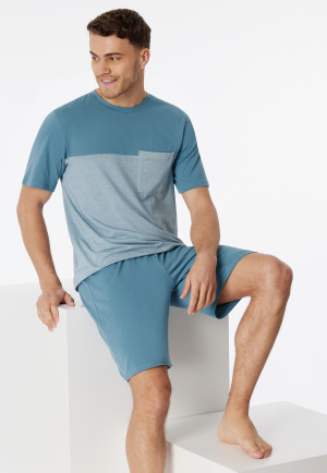 Pyjamas short Organic Cotton stripes chest pocket blue gray - 95/5 Nightwear