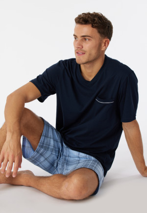 Schlafanzug kurz Organic Cotton V-Ausschnitt Karos air - Comfort Fit