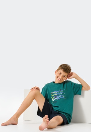 Schlafanzug kurz Organic Cotton Wellen dunkelgrün - Ocean Flow