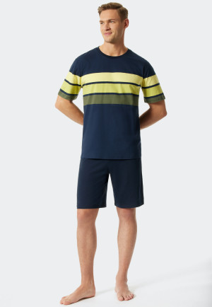 Pajamas short crew neck block stripes dark blue / lime - Fashion Nightwear