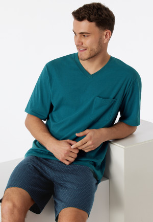 Pyjamas short V-neck chest pocket denim blue patterned - Comfort Essentials