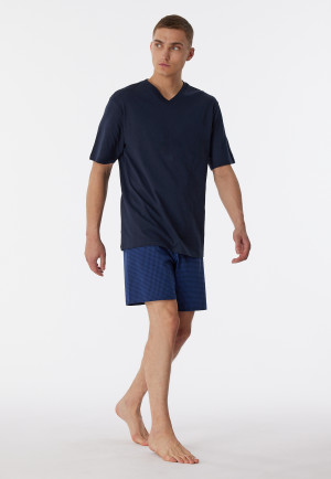 Pyjama kort V-hals pied-de-poule nachtblauw - Comfort Essentials