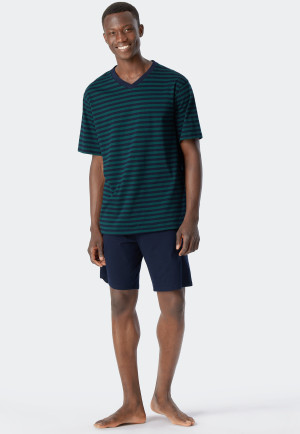 Schlafanzug kurz V-Ausschnitt Ringel dunkelgrün - Essentials Nightwear