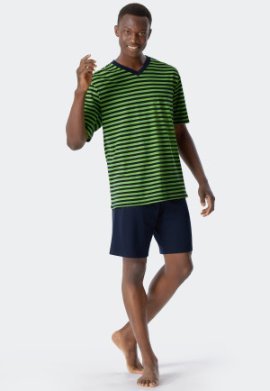 Schlafanzug kurz V-Ausschnitt Ringel lime - Essentials Nightwear