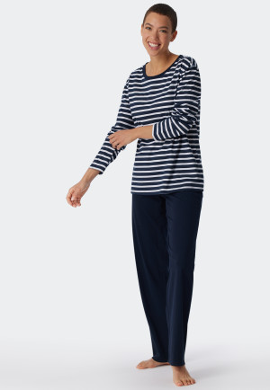 Schlafanzug lang Bio-Baumwolle Bretonstreifen dunkelblau - Essential Stripes
