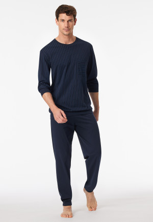 Schlafanzug lang Bündchen Streifen dunkelblau - Comfort Essentials