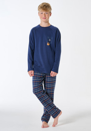 Schlafanzug lang Faultier Karo dunkelblau - Teens Nightwear
