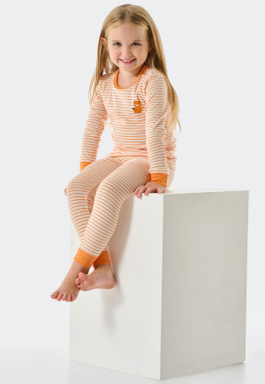 Pyjama long côtelé coton bio bords-côtes rayures nounours abricot - Natural Love