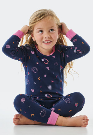 Schlafanzug lang Feinripp Organic Cotton Bündchen Weltraum dunkelblau - Girls World
