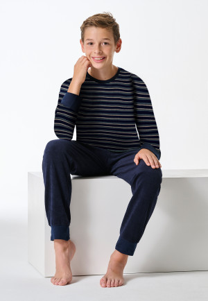 Schlafanzug lang Frottee Bündchen dunkelblau geringelt - Teens Nightwear