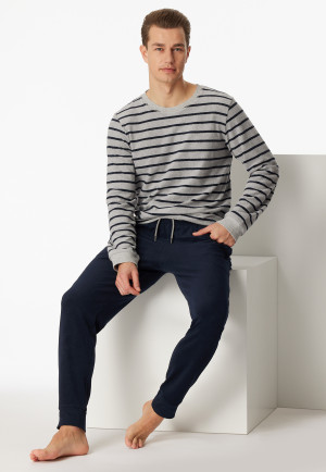 Schlafanzug lang Frottee Bündchen Streifen grau-meliert - Warming Nightwear