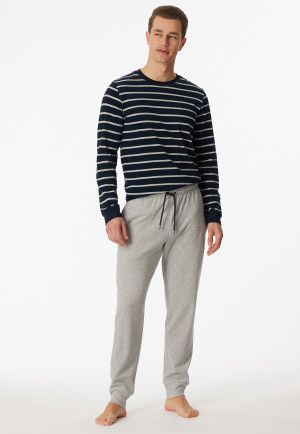 Schlafanzug lang Frottee Bündchen Streifen nachtblau - Warming Nightwear