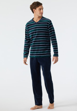 Pajamas long velour V-neck striped dark green/dark blue - Warming Nightwear