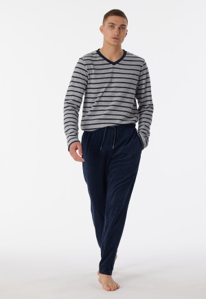 Pyjama long éponge encolure en V rayures gris chiné - Warming Nightwear