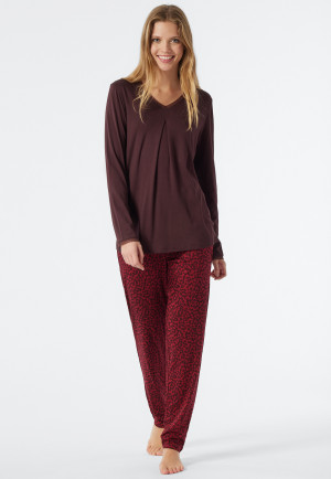 Schlafanzug lang Interlock V-Ausschnitt Spitze burgund - Classic Comfort Fit