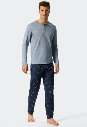Lange pyjama knoopsluiting gestreept met letters blauw/donkerblauw - Fashion Nightwear