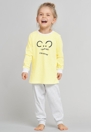 Schlafanzug lang Maus Ringel Bündchen gelb/grau-meliert - Yellow Mouse
