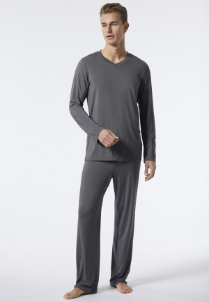 Lange modal V-hals pyjama gestreept donkergrijs - Long Life Soft
