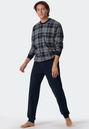 Schlafanzug lang Organic Cotton Bündchen Karos dunkelblau - Comfort Fit