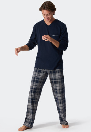 Schlafanzug lang Organic Cotton V-Ausschnitt Karos dunkelblau - Comfort Fit