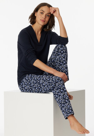 Pyjama lang biologisch katoen V-hals nachtblauw - Comfort Nightwear