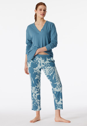 Pyjama lange V-hals blauw-grijs - Modern Nightwear