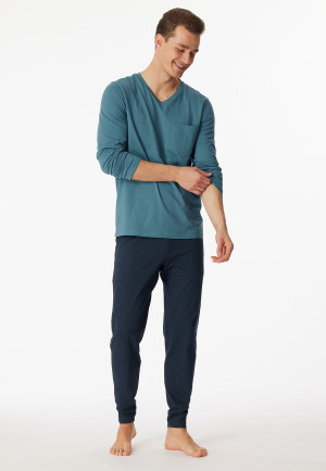 Schlafanzug lang V-Ausschnitt Bündchen Dreiecke petrol - Casual Essentials
