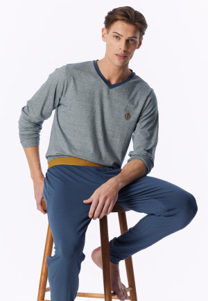 Lange pyjama met v-hals en manchetten, streepjes, diepblauw - 95/5