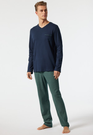 Pyjama lang V-hals patroon donkerblauw/groen - Fine Interlock
