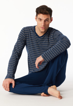 Pyjama long encolure en V rayures bleu foncé - Long Life Soft