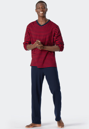 Pajamas long V-neck striped red - Essentials Nightwear