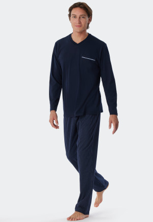 Schlafanzug lang V-Ausschnitt Streifen dunkelblau - Comfort Fit