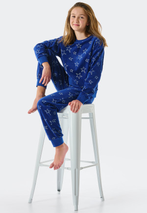 Schlafanzug lang Velour Bündchen Sterne blau - Teens Nightwear