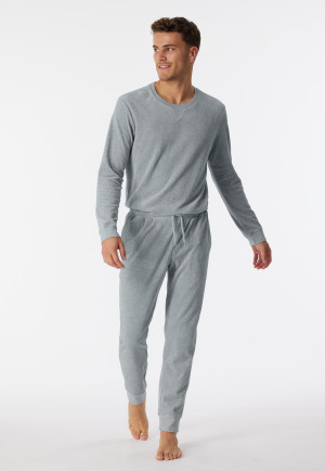 Schlafanzug lang Kord/ Velour Bündchen Streifen grau-meliert - Warming Nightwear